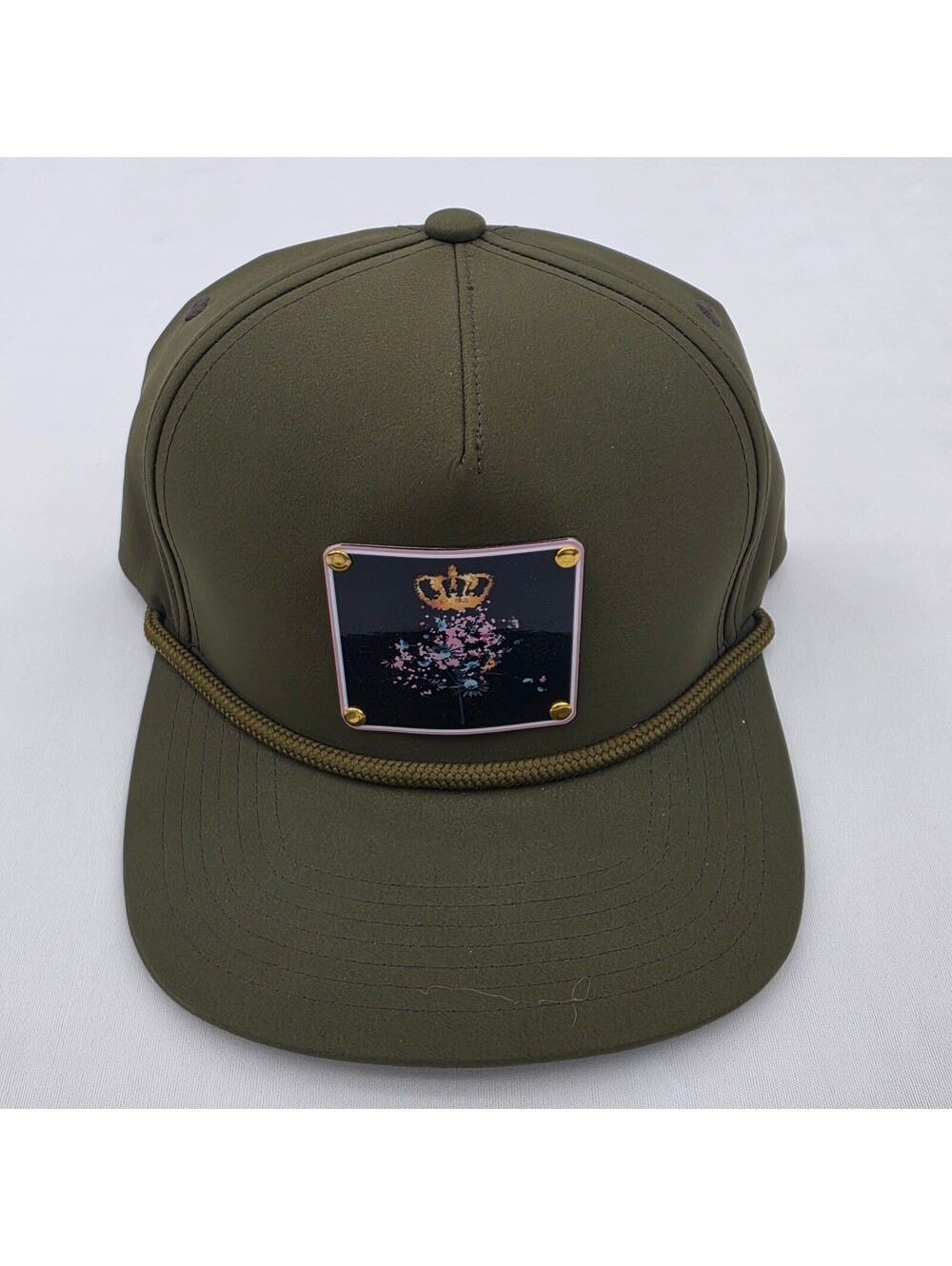 Olive Green Snapback Hat with Floral Crown Patch